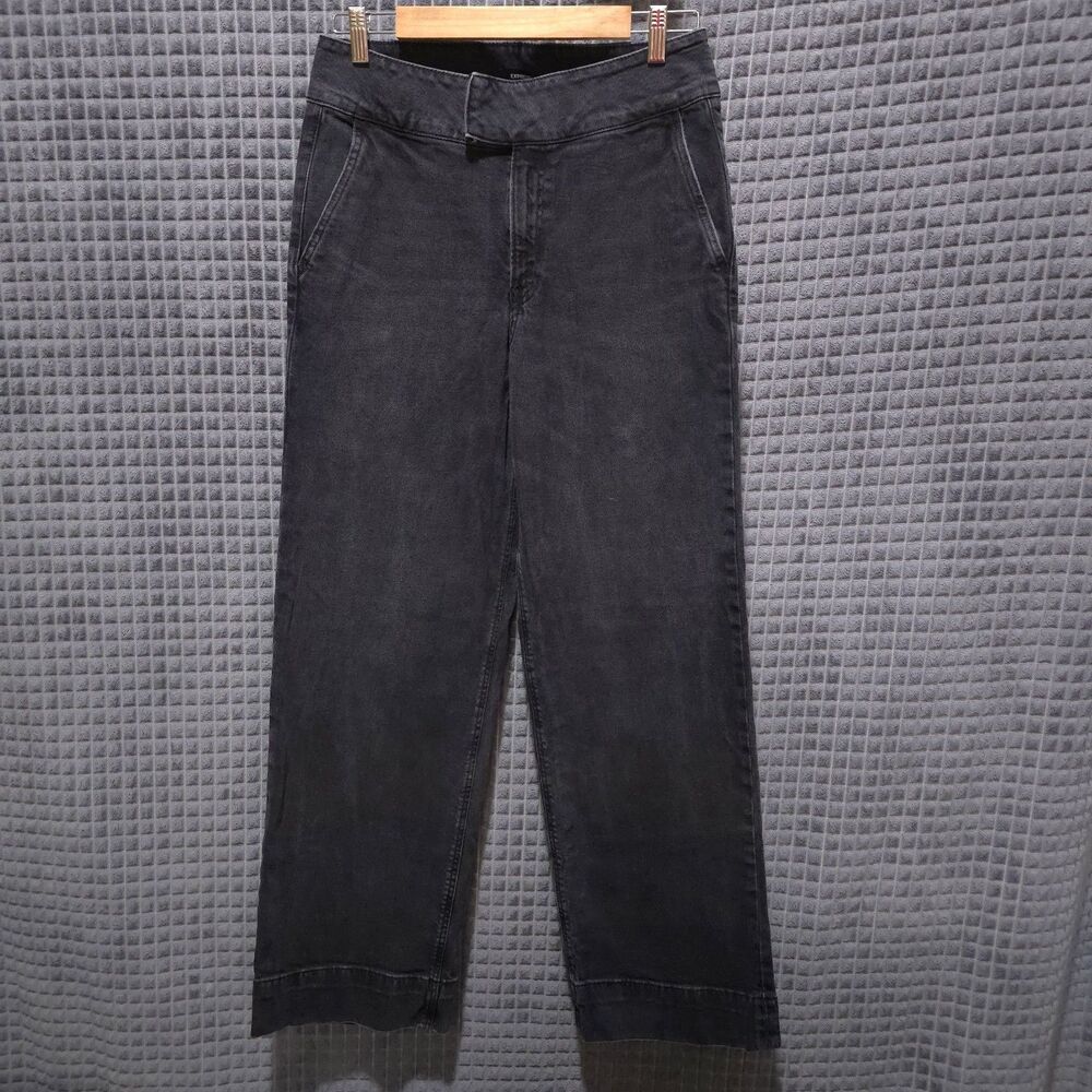 VTG High Rise Black Jeans 10R 34x34 Express 90s Wide Leg Flared Stretch Grunge